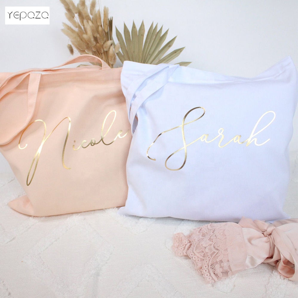 Pretty beautiful bridesmaid wedding gift pouch rose gold zipper closure the light pink cotton tote bag with  gold 