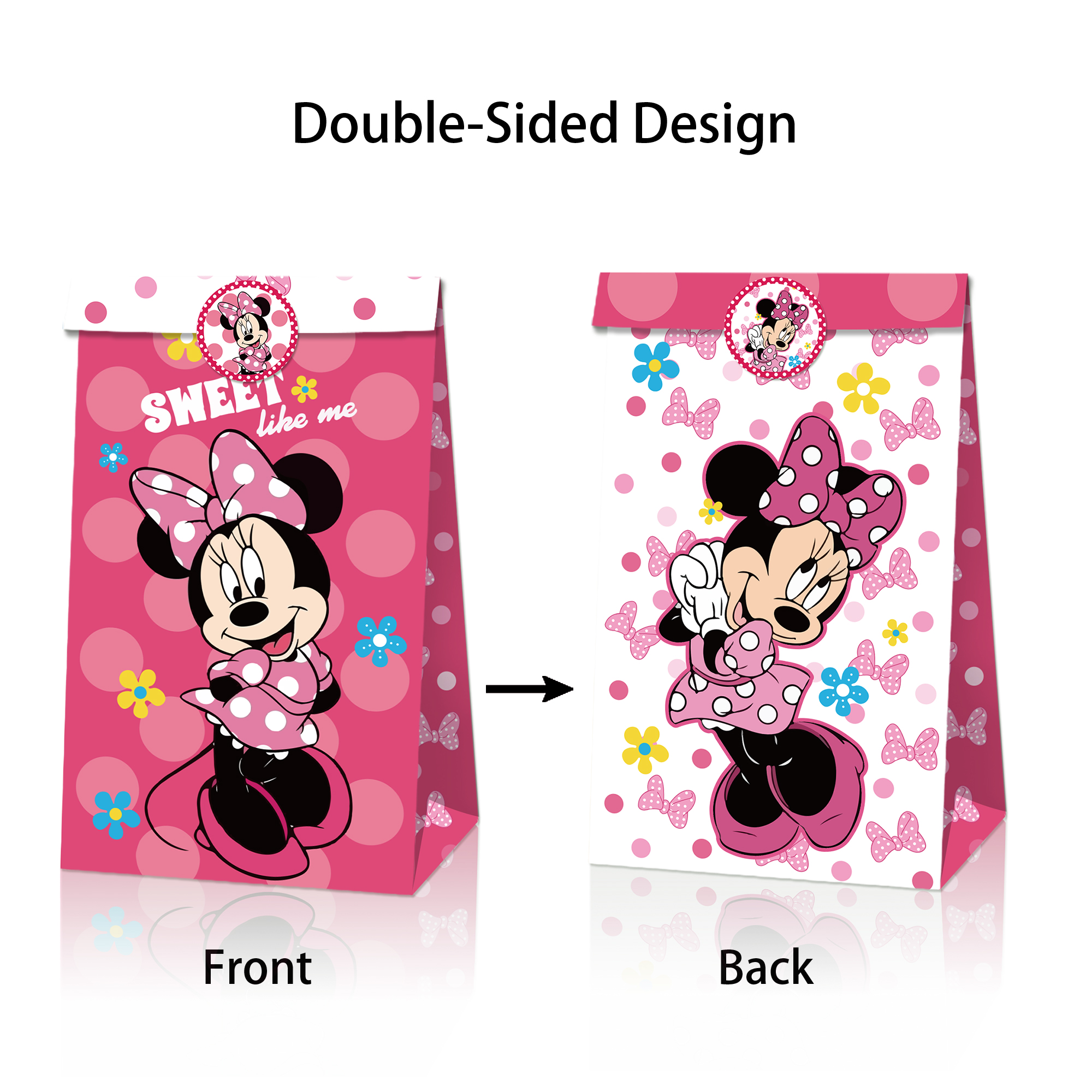 MB012 Cartoon Minnie Party Favors Bag Candy Treat Bags 12 pcs Gift Paper Bags with Stickers for Kids Birthday Party Supp