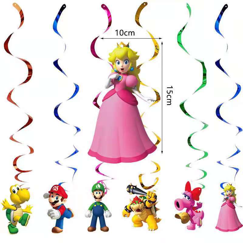 Kids Birthday Banner Hanging Swirl Cake Toppers Party Supplies Favors 32 PCS Package Super Mario Games Party Decorations