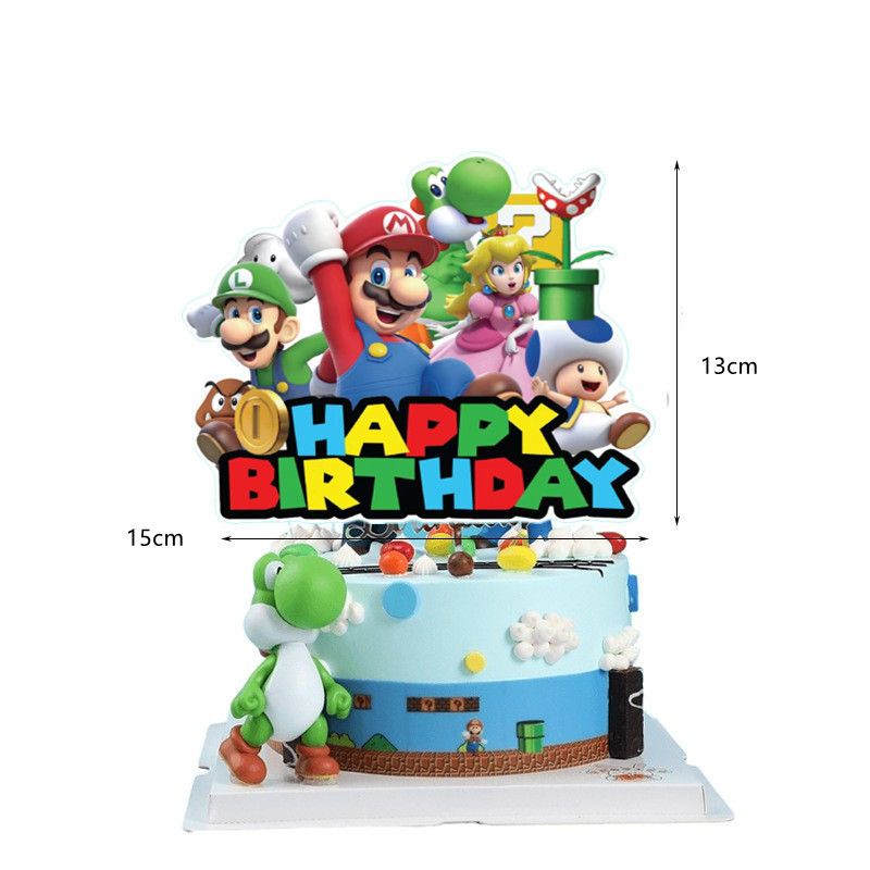 Kids Birthday Banner Hanging Swirl Cake Toppers Party Supplies Favors 32 PCS Package Super Mario Games Party Decorations