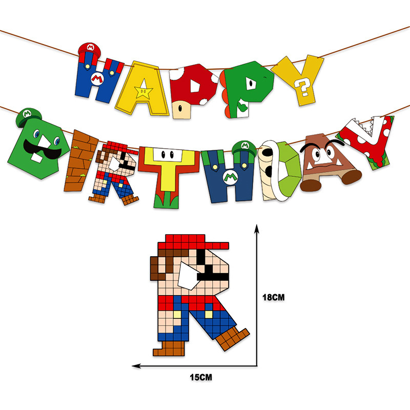 Kids Birthday Banner Hanging Swirl Cake Toppers Party Supplies Favors 32 PCS Package Super Mario Games Party Decorations
