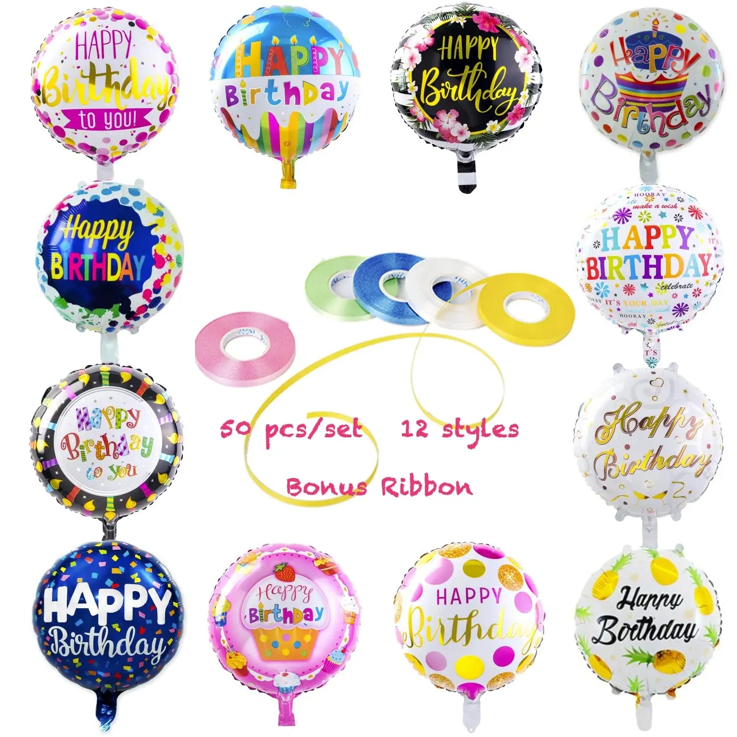 Top Grade Happy Birthday Aluminum Foil Balloons 50pcs with 100 Meter Ribbons Helium Floating Mylar Balloon Party Decorat