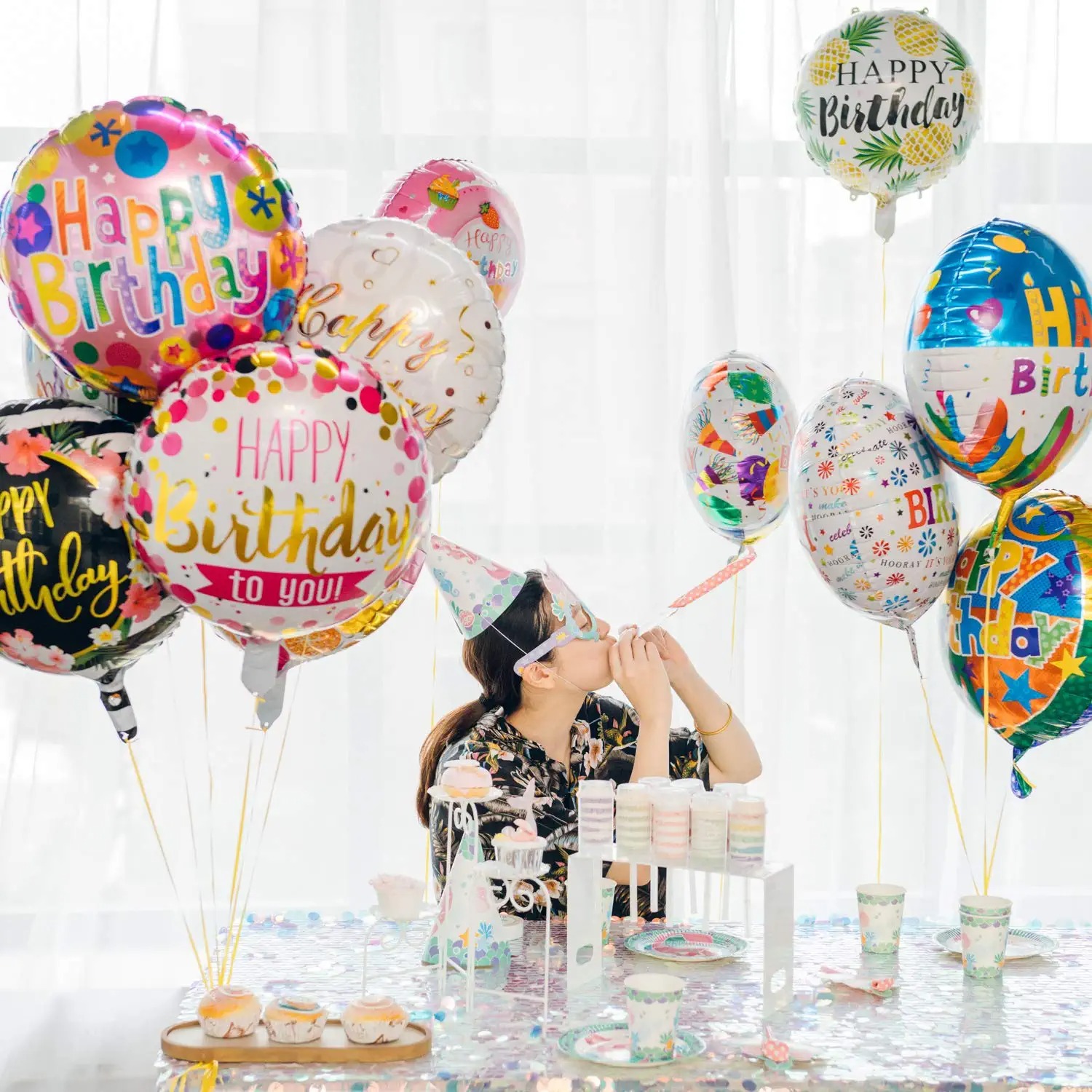 Top Grade Happy Birthday Aluminum Foil Balloons 50pcs with 100 Meter Ribbons Helium Floating Mylar Balloon Party Decorat