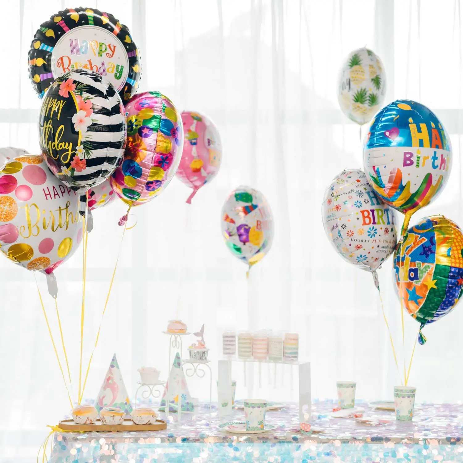 Top Grade Happy Birthday Aluminum Foil Balloons 50pcs with 100 Meter Ribbons Helium Floating Mylar Balloon Party Decorat