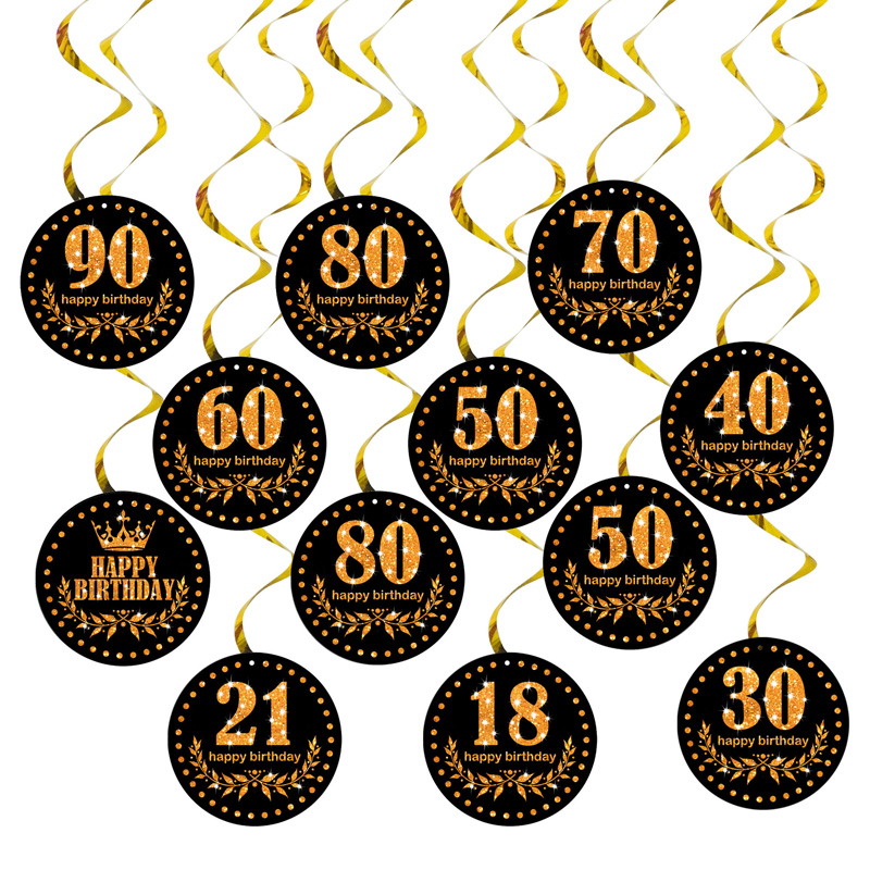 Happy Birthday Plastic Hanging Swirls 6pc/bag Black Gold Number Wall Decor 13th 16 18 30 40 50 60 70 90 80S Party Decora