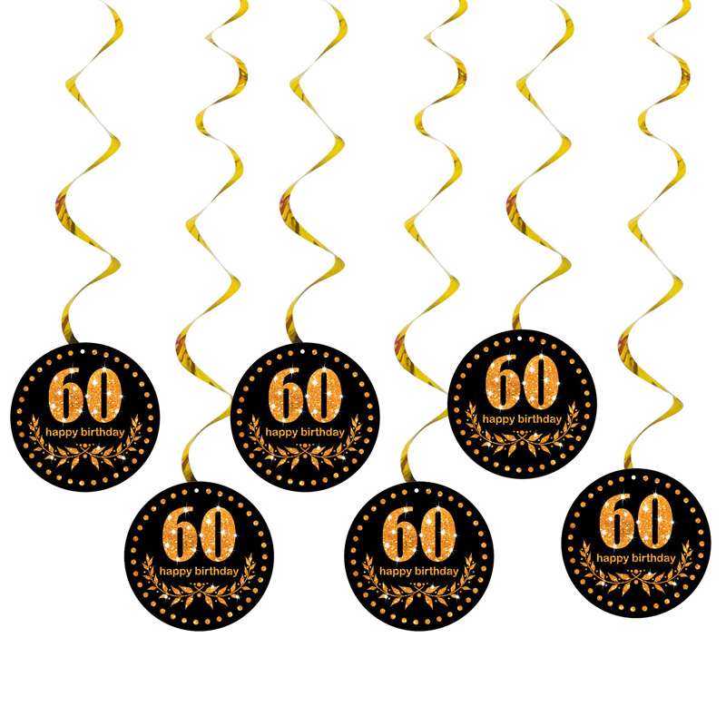 Happy Birthday Plastic Hanging Swirls 6pc/bag Black Gold Number Wall Decor 13th 16 18 30 40 50 60 70 90 80S Party Decora