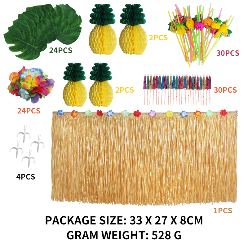 Classic Hawaiian Table Skirt Set With Artificial Flower Pineapple straw Hawaiian Table Skirt For Tropical Party