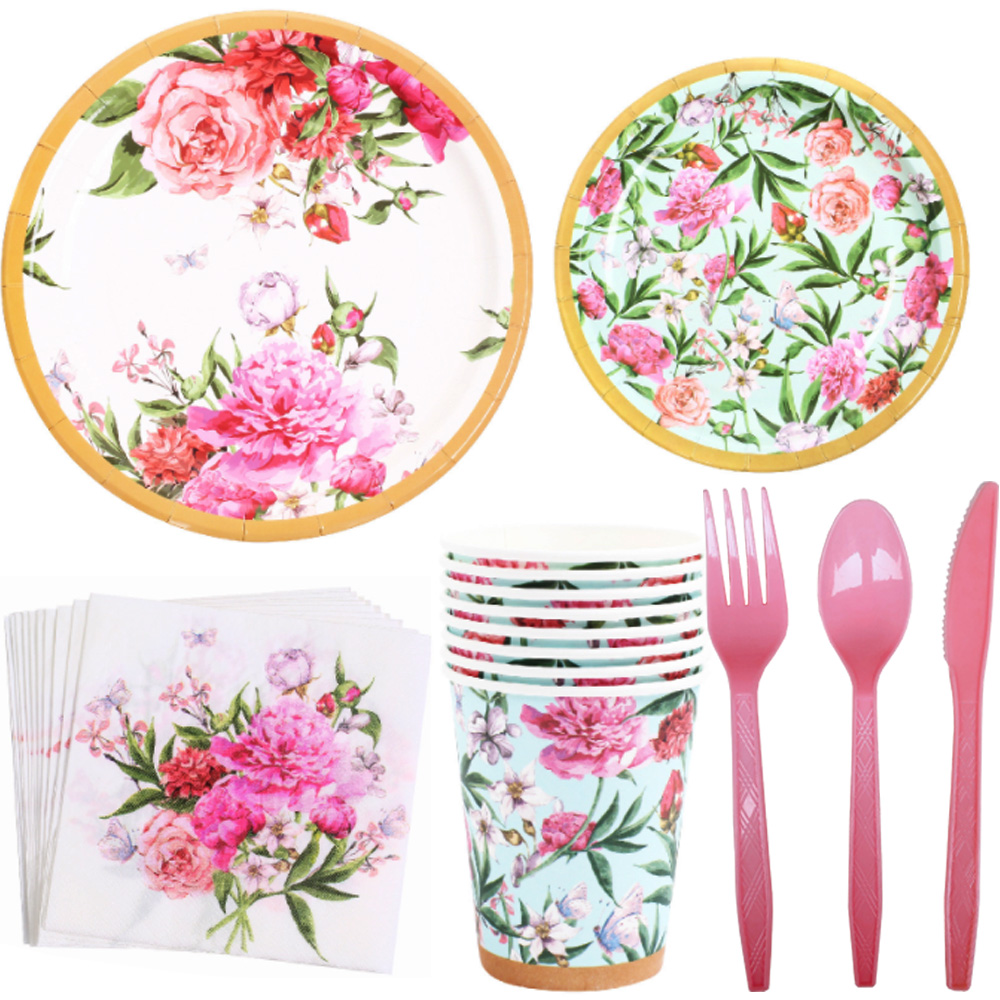 Disposable 16 Guests Floral Garden Party Set Supplies W Paper Plates Napkins Cups Tablecloth Plastic Cutlery (114 Pieces