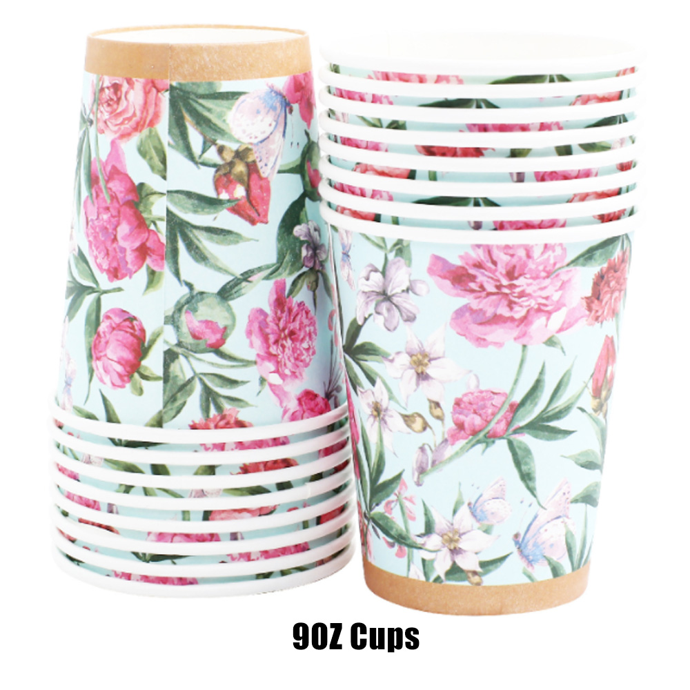 Disposable 16 Guests Floral Garden Party Set Supplies W Paper Plates Napkins Cups Tablecloth Plastic Cutlery (114 Pieces