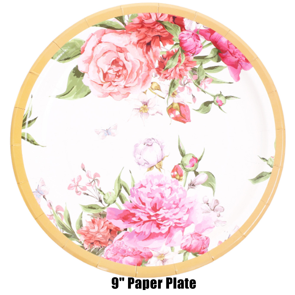 Disposable 16 Guests Floral Garden Party Set Supplies W Paper Plates Napkins Cups Tablecloth Plastic Cutlery (114 Pieces