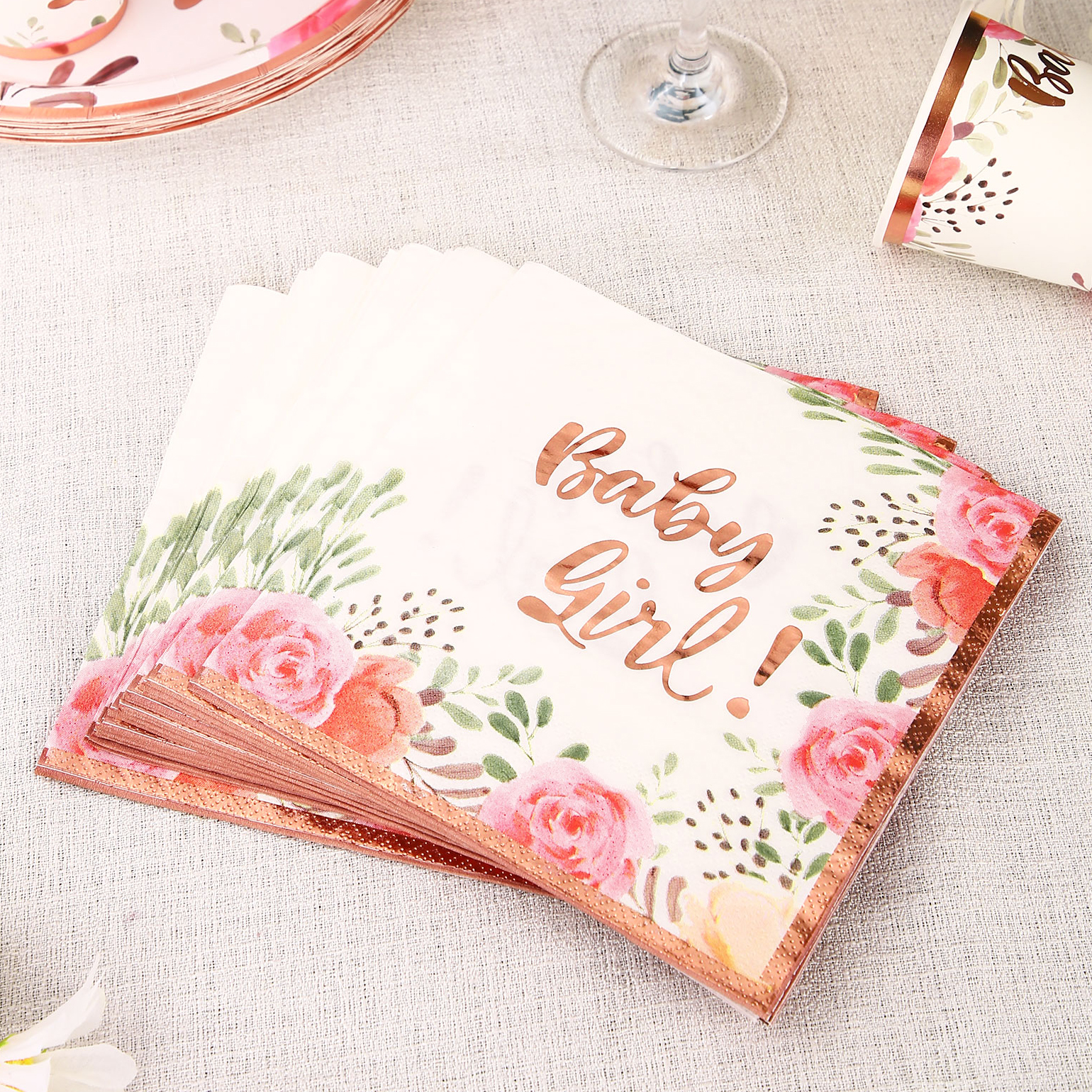 Floral Baby Girl Baby Shower Tableware Plates and Napkins Decorations 25 Services Disposable Tableware Paper Plates Set