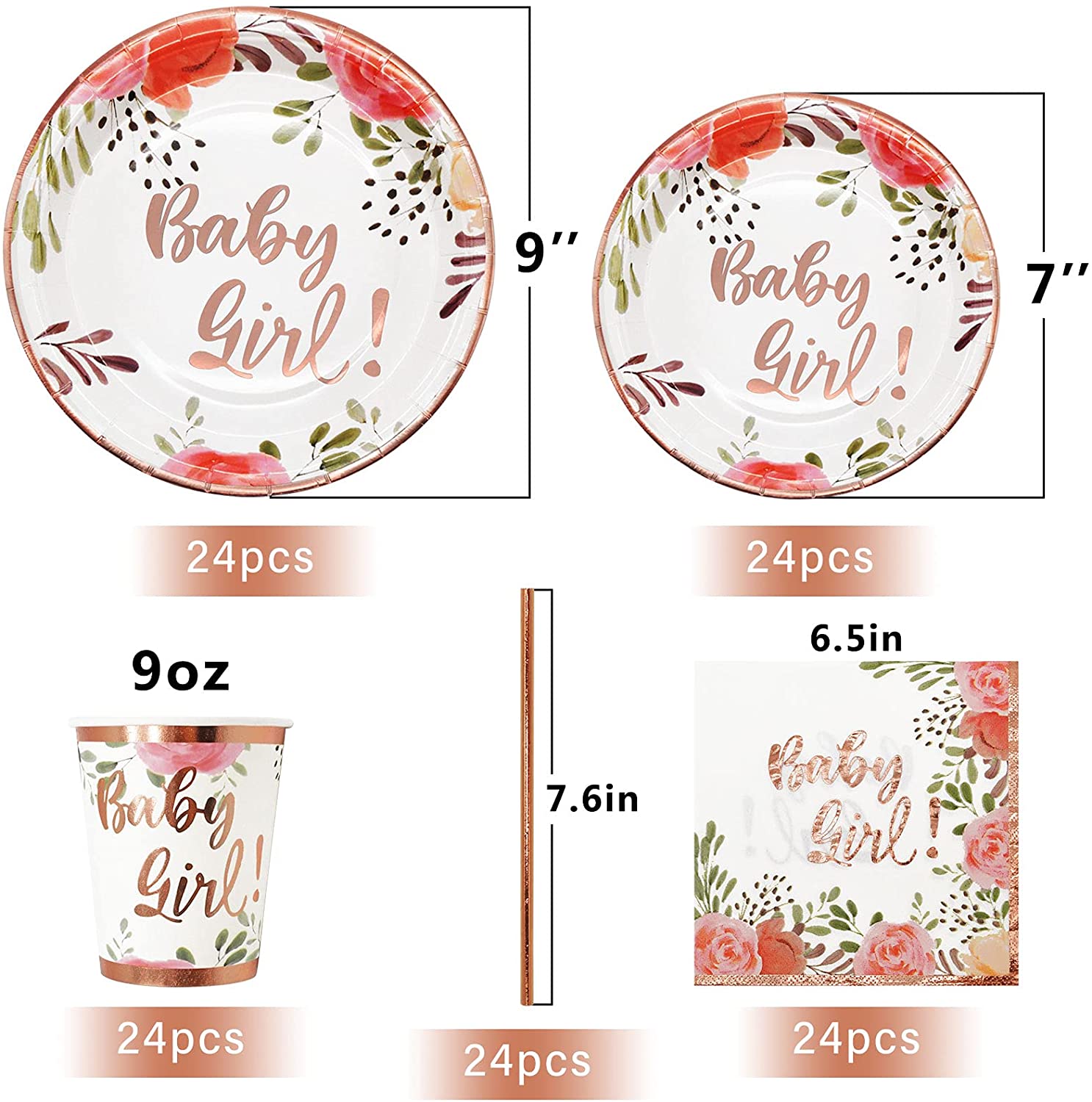Floral Baby Girl Baby Shower Tableware Plates and Napkins Decorations 25 Services Disposable Tableware Paper Plates Set