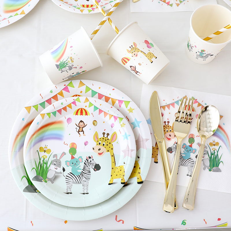 2022 new animal jungle party paper tableware disposable paper tray paper cup tablecloth birthday decoration set 10 guest