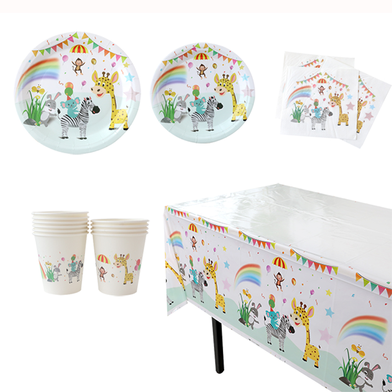 2022 new animal jungle party paper tableware disposable paper tray paper cup tablecloth birthday decoration set 10 guest