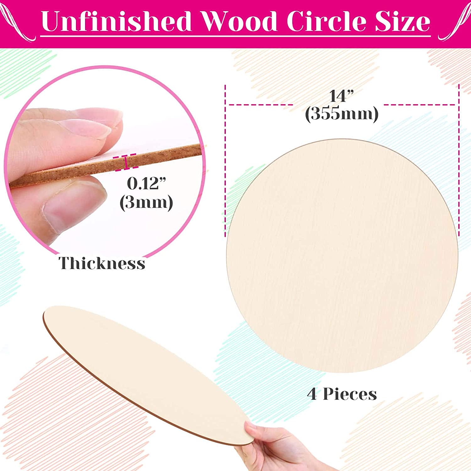 4 Pack 14 Inch Wood Circles for Crafts, Acejoz Round Wood Plywood Circles Unfinished Wood