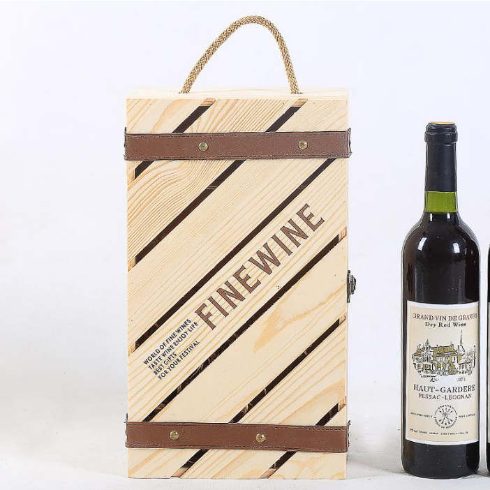Unpolished Wooden Wine Box With Handle For Gift Craft Birthday Housewarming