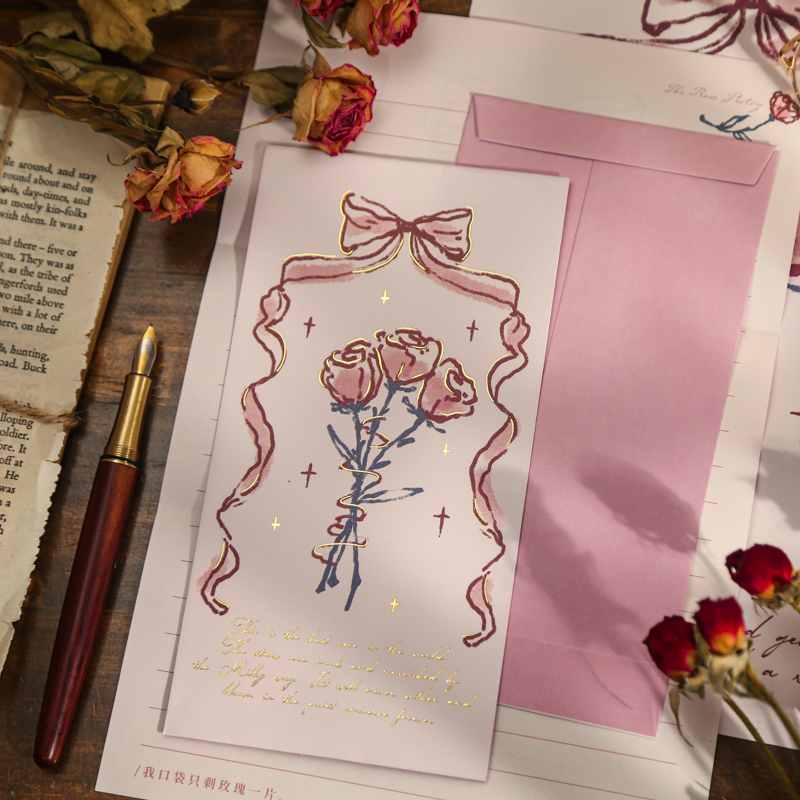 4 Designs 6 Pcs Letter Paper with Envelop Rose Gilding Material Card Scrapbook Card Bookmark for Kraft DIY Scrapbook 