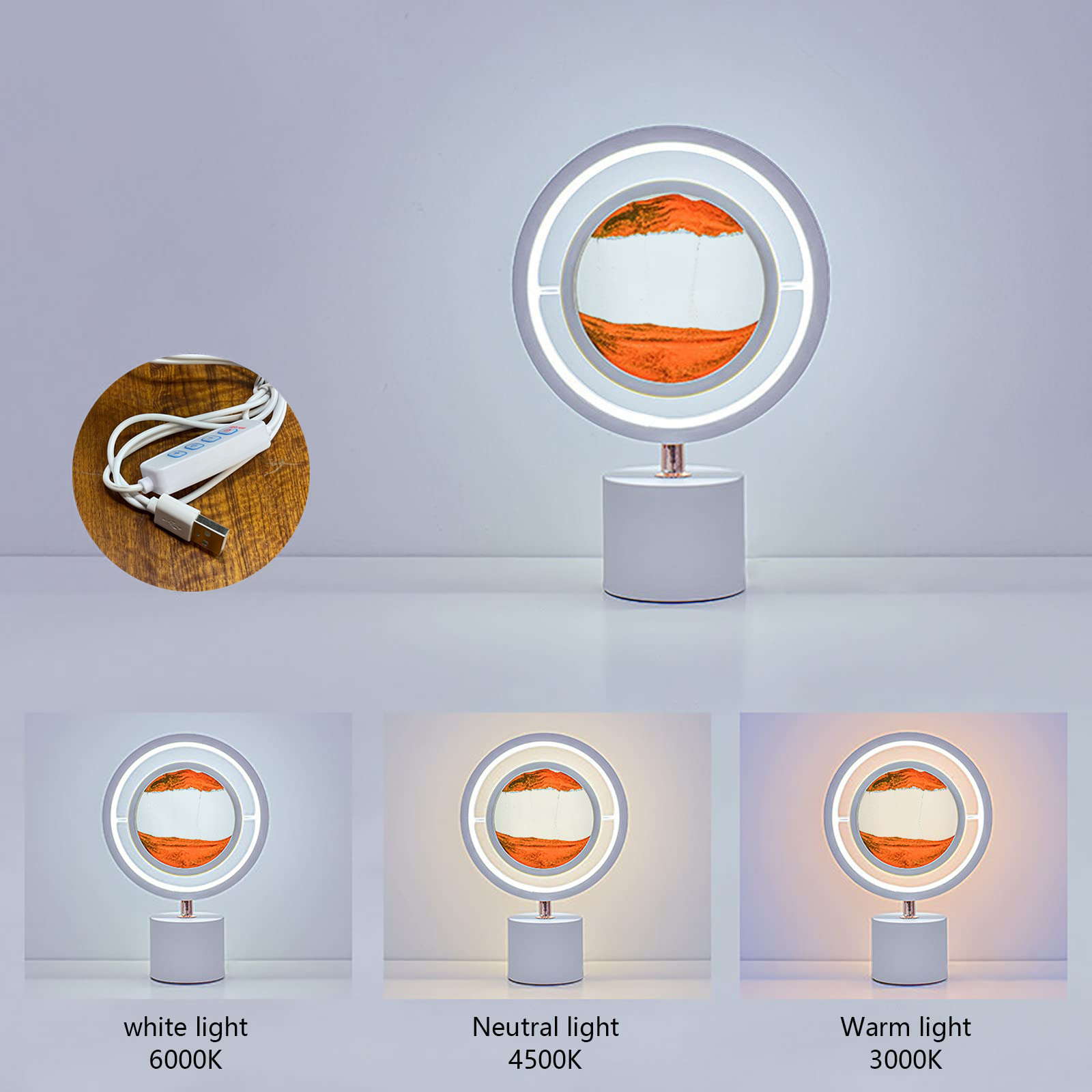 Colorful Crystal LED 3D Quicksand Hourglass Art Lamp USB Rechargeable, Remote Control Bedside Table Light