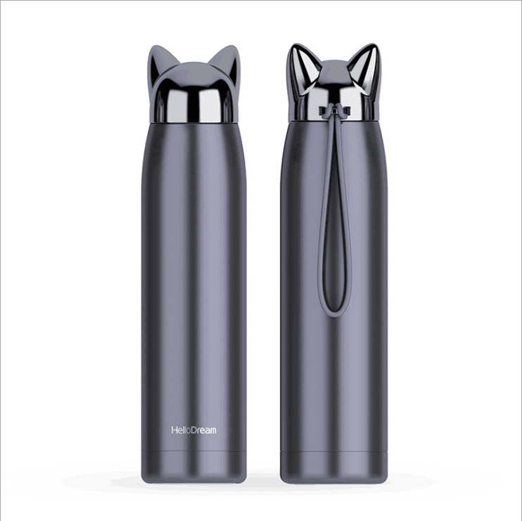 Double Wall Stainless Steel Vacuum Flask Cute Cat & Fox Ear Thermos Water Bottle for Coffee, Tea, Milk, Travel