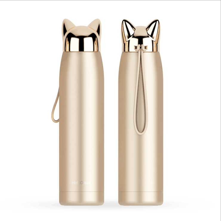 Double Wall Stainless Steel Vacuum Flask Cute Cat & Fox Ear Thermos Water Bottle for Coffee, Tea, Milk, Travel