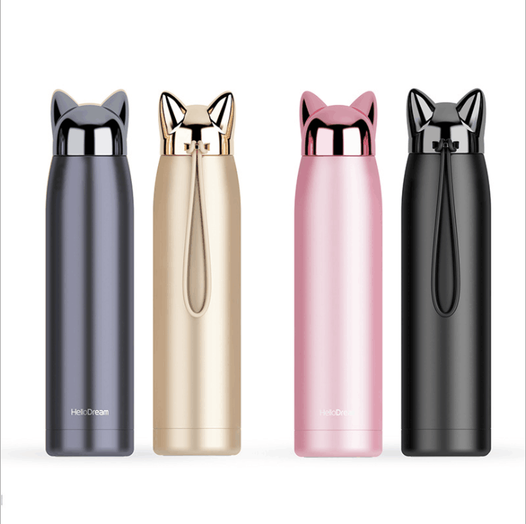 Double Wall Stainless Steel Vacuum Flask Cute Cat & Fox Ear Thermos Water Bottle for Coffee, Tea, Milk, Travel