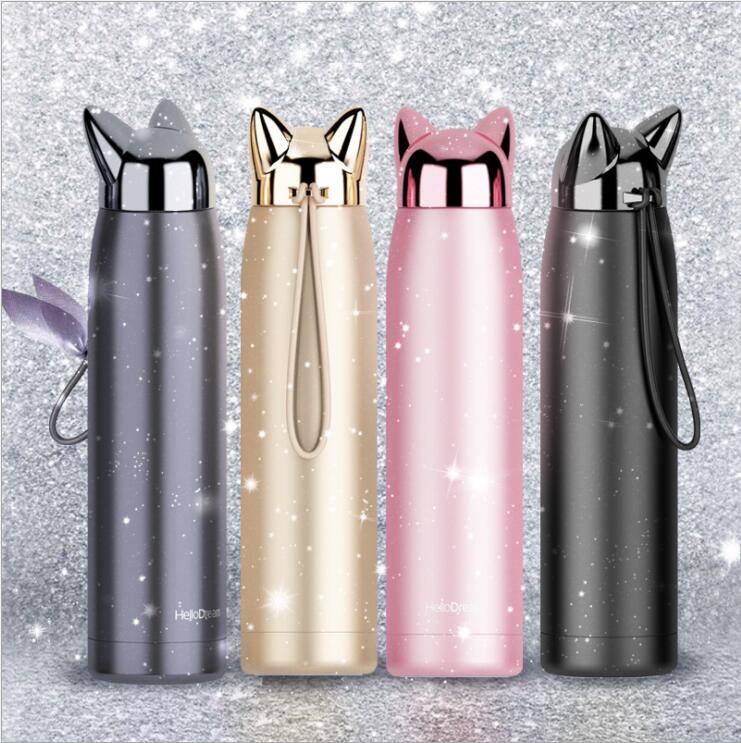 Double Wall Stainless Steel Vacuum Flask Cute Cat & Fox Ear Thermos Water Bottle for Coffee, Tea, Milk, Travel