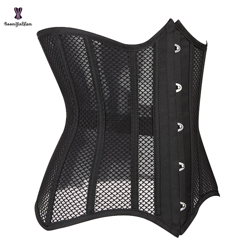 Black Mesh Underbust Corset with 16 Steel Bones New Heavy Duty Waist Trainer Bustier for Hourglass Silhouette ﻿