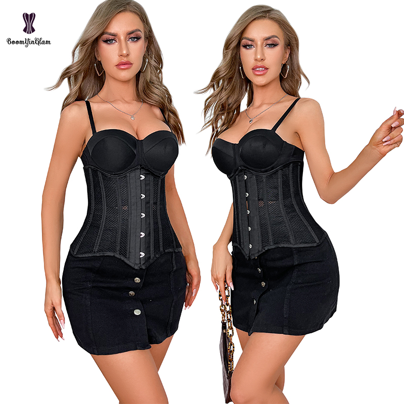 Black Mesh Underbust Corset with 16 Steel Bones New Heavy Duty Waist Trainer Bustier for Hourglass Silhouette ﻿
