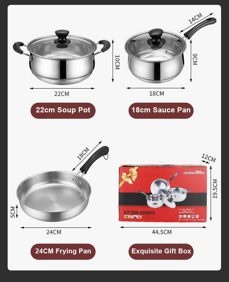Sauce Pans, Pans And Soup Pots 3-piece Kitchen Accessories Stainless Steel Cookware Sets