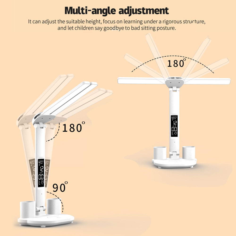 USB Dimmable Touchable LED Desk Lamp Foldable with Calendar, Temperature & Clock, Modern Table Lamp