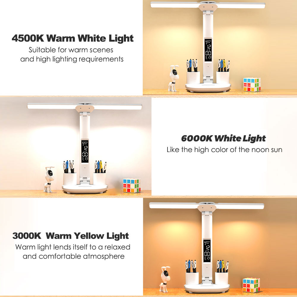 USB Dimmable Touchable LED Desk Lamp Foldable with Calendar, Temperature & Clock, Modern Table Lamp
