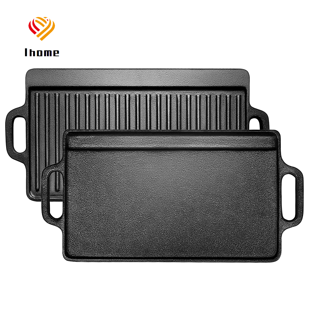 Ihome Cast Iron Reversible Grill Griddle for Double Sided Grill Pan Perfect Gas Grills and Stove Tops Rectangular Baking