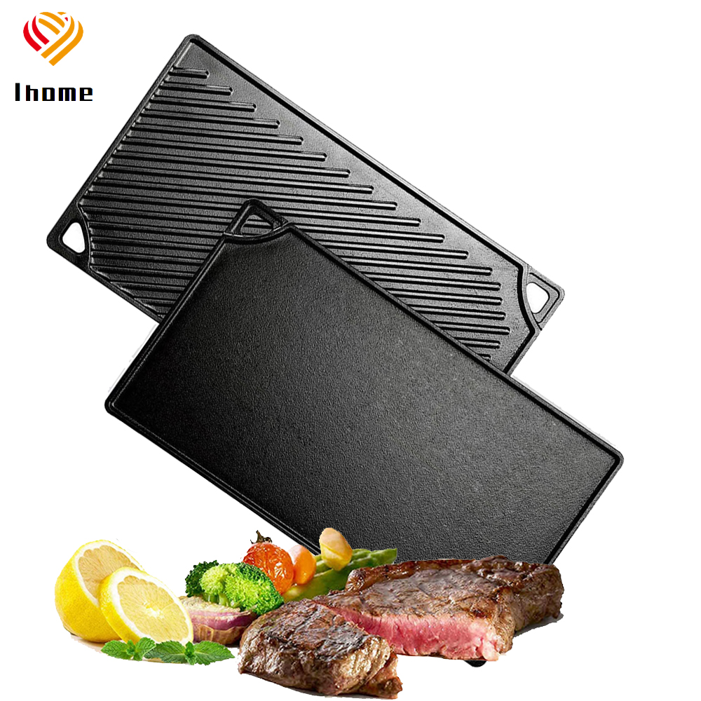 Ihome Cast Iron Reversible Grill Griddle for Double Sided Grill Pan Perfect Gas Grills and Stove Tops Rectangular Baking