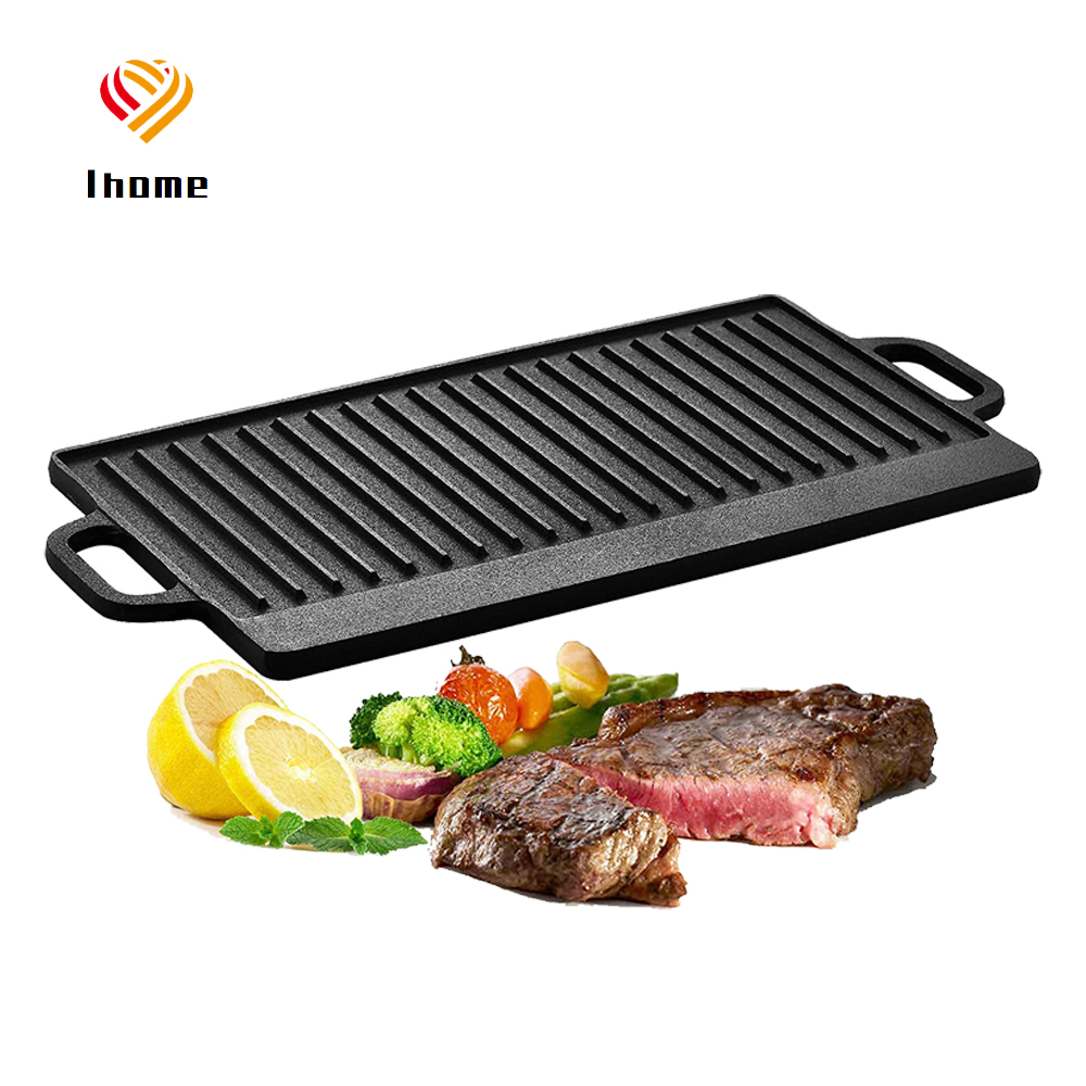 Ihome Cast Iron Reversible Grill Griddle for Double Sided Grill Pan Perfect Gas Grills and Stove Tops Rectangular Baking