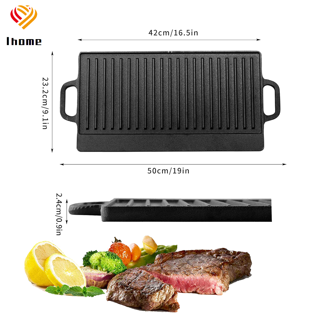 Ihome Cast Iron Reversible Grill Griddle for Double Sided Grill Pan Perfect Gas Grills and Stove Tops Rectangular Baking