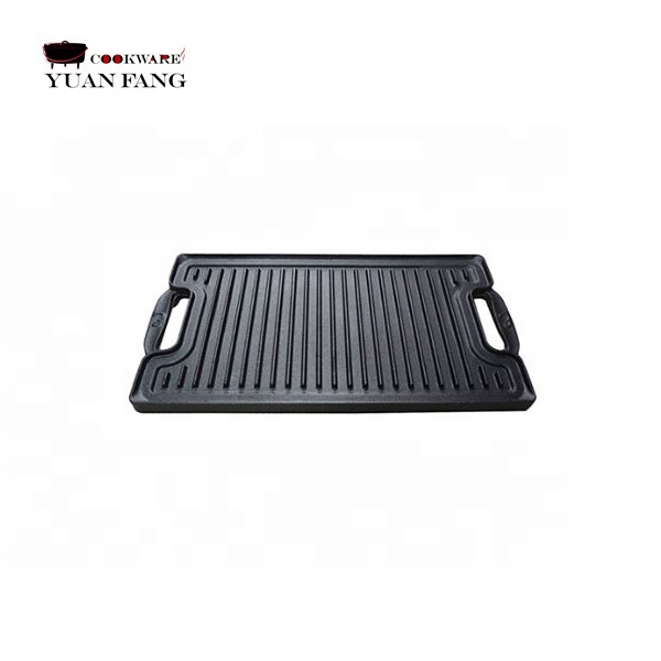 Hot Sell 46CM Outdoor Cast Iron Rectangle Cast Iron Reversible Grill Plate Bbq Grill Pan with Easy-grip Handles