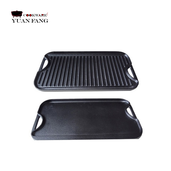 Hot Sell 46CM Outdoor Cast Iron Rectangle Cast Iron Reversible Grill Plate Bbq Grill Pan with Easy-grip Handles