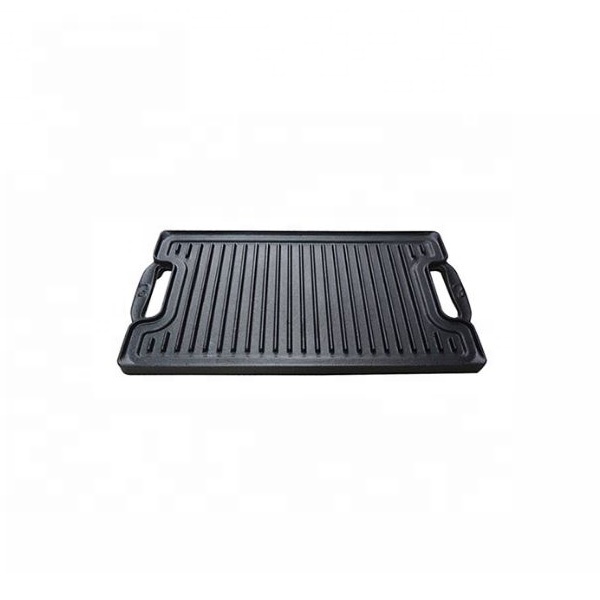 Hot Sell 46CM Outdoor Cast Iron Rectangle Cast Iron Reversible Grill Plate Bbq Grill Pan with Easy-grip Handles