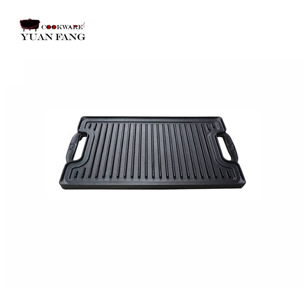 Hot Sell 46CM Outdoor Cast Iron Rectangle Cast Iron Reversible Grill Plate Bbq Grill Pan with Easy-grip Handles