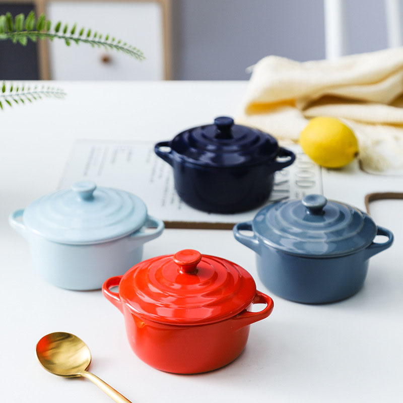 Round Mini Casserole Two handle With lid Heat Resistant Ceramic Cocotte