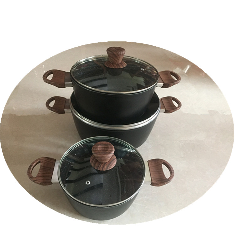 7Pcs Aluminum Marble Non Stick Forged Casserole And Grill Fry Pan Set Induction Bottom Cookware Set With Wooden Handle