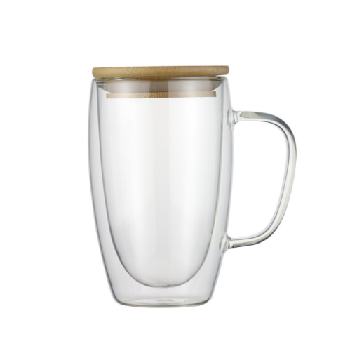 Hand Made Heat Resistant Borosilicate Glass Double Wall Coffee Cups Clear Coffee Mug with Handle and Bamboo lid
