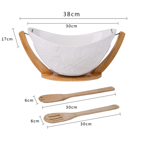 Dishwash safe over size ceramic bowl with hand holder oval shape ceramic bamboo salad bowl