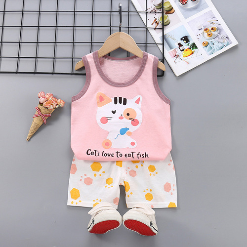 Children's Breathable Clothing Kids Suit Cotton Summer Boys Sleeveless Shorts Girls Sling Baby Casual Short Set