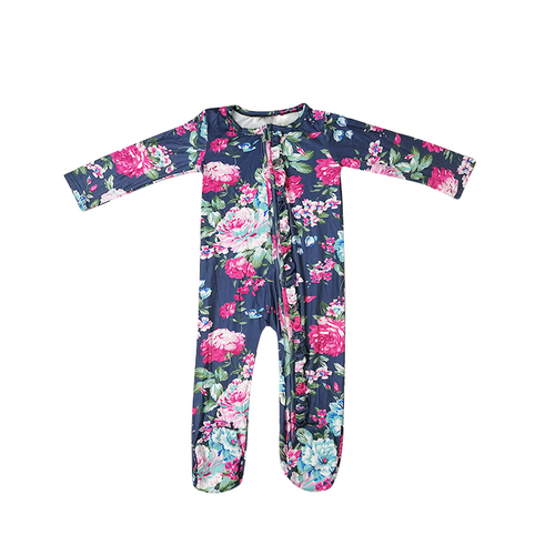 Comfortable Baby Long Sleeve Footie Flower Print Jumpsuit Ruffle Zipper Brushed Milk Silk Baby Romper