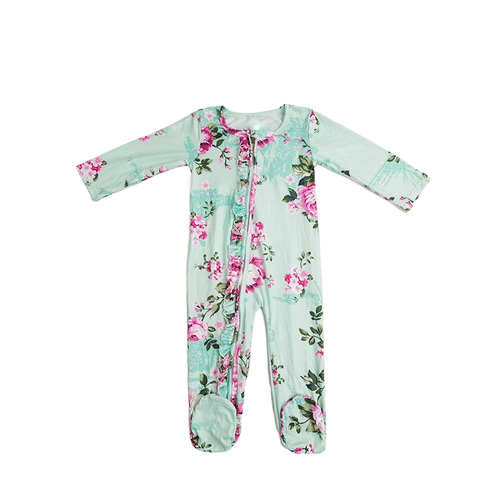 Comfortable Baby Long Sleeve Footie Flower Print Jumpsuit Ruffle Zipper Brushed Milk Silk Baby Romper