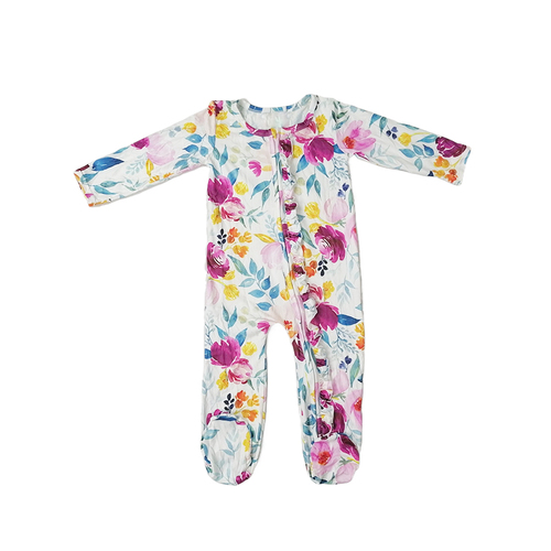 Comfortable Baby Long Sleeve Footie Flower Print Jumpsuit Ruffle Zipper Brushed Milk Silk Baby Romper