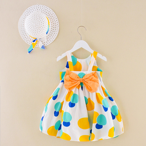Little Girl Cute Dot Cotton Printing for Summer Casual Day Dress with Straw Hat 2pcs Sets Birthday Party Dress
