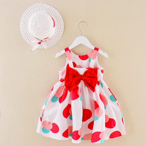 Little Girl Cute Dot Cotton Printing for Summer Casual Day Dress with Straw Hat 2pcs Sets Birthday Party Dress