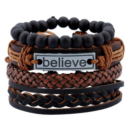 New Arrival Punk Style Black Stone Beaded Braided Leather  Engraving Believe Faith Bracelets